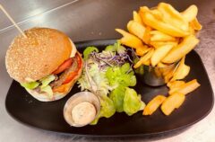Burger avec des frites et de la salade